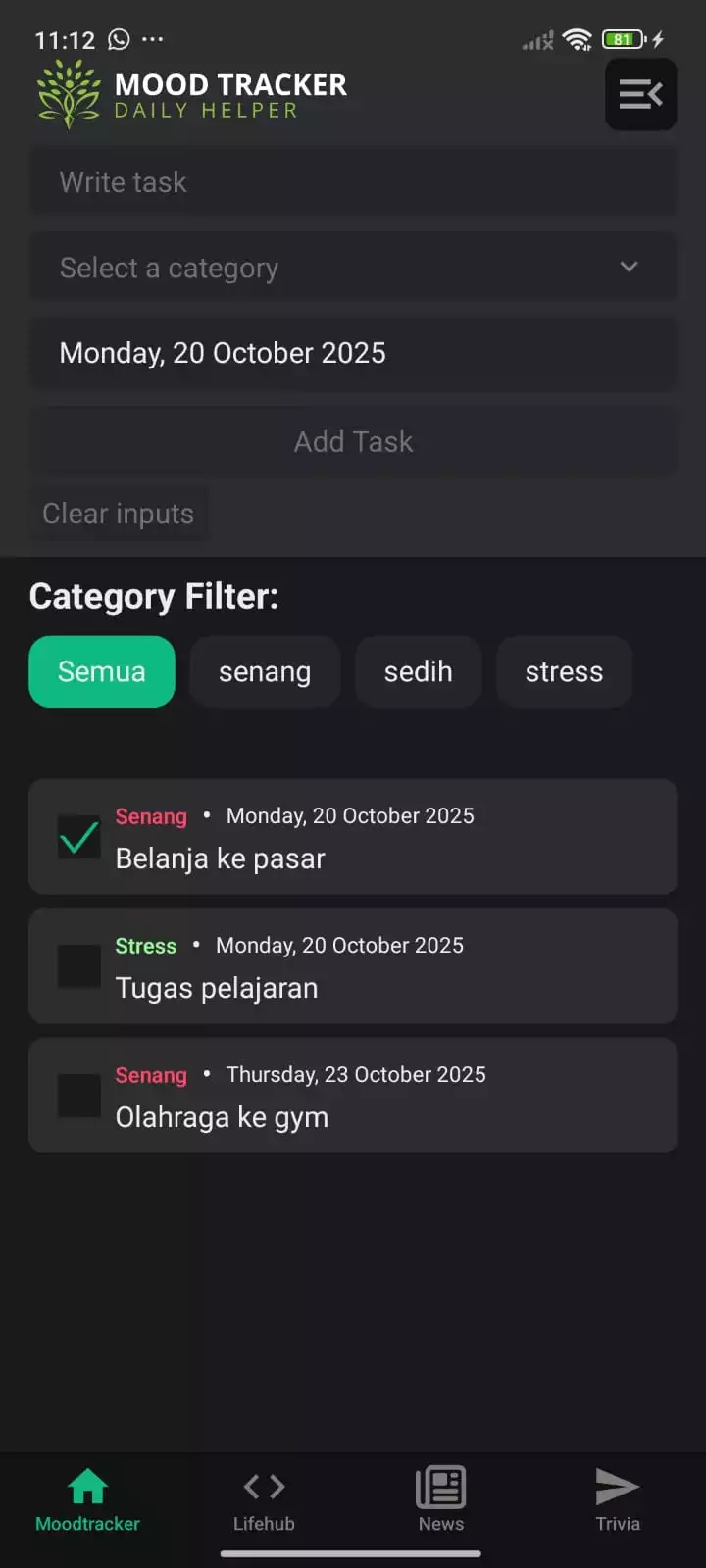 Moodtracker project screenshot