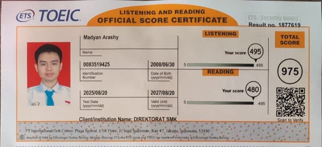 TOEIC English Test certificate picture